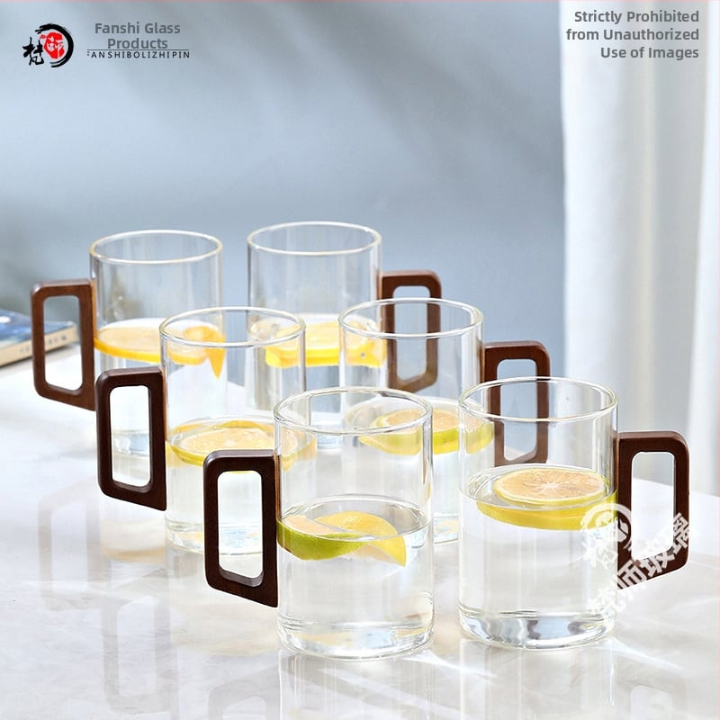 Fanshi – Set čaša za vodu, prozirne, staklo visoke borosilikatne otporu na toplinu, minimalistički stil, četvrtasta drvena drška