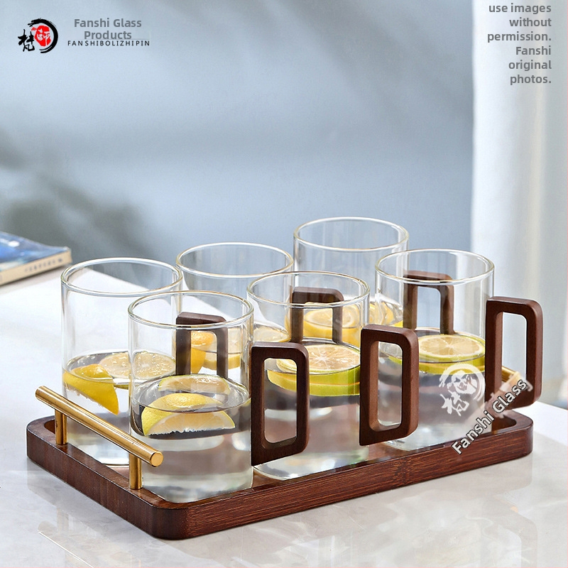 Fanshi – Set čaša za vodu, prozirne, staklo visoke borosilikatne otporu na toplinu, minimalistički stil, četvrtasta drvena drška