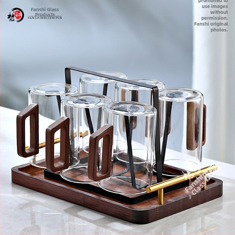 Fanshi – Set čaša za vodu, prozirne, staklo visoke borosilikatne otporu na toplinu, minimalistički stil, četvrtasta drvena drška