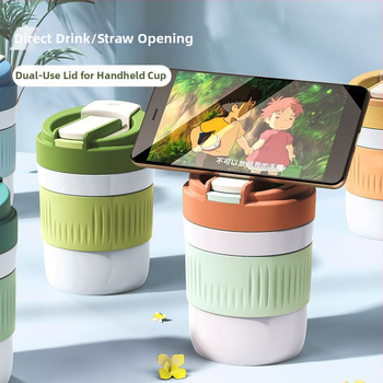 Staklena čaša za vodu s slamkom, prijenosna cilindrična jednostruka čaša, s užetom za nošenje, nepropusna