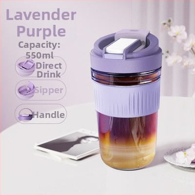 Staklena čaša za vodu s slamkom, prijenosna cilindrična jednostruka čaša, s užetom za nošenje, nepropusna