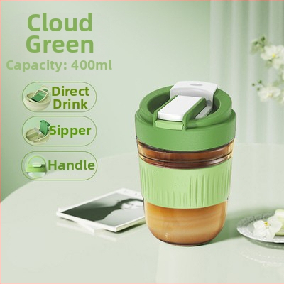 Staklena čaša za vodu s slamkom, prijenosna cilindrična jednostruka čaša, s užetom za nošenje, nepropusna