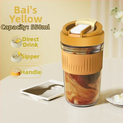 Staklena čaša za vodu s slamkom, prijenosna cilindrična jednostruka čaša, s užetom za nošenje, nepropusna