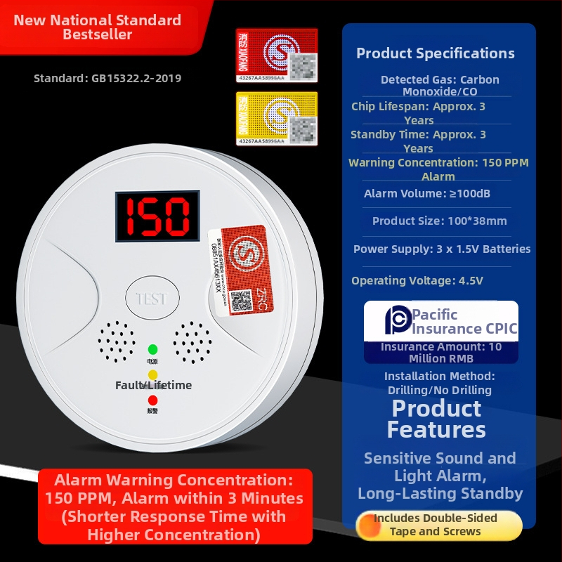 Alarmă fixă de monoxid de carbon pentru casă JM-YK-618 de Yun Zhibang - (interval de alarmă 150 ppm, precizie 0.01 ppm, detecție CO)