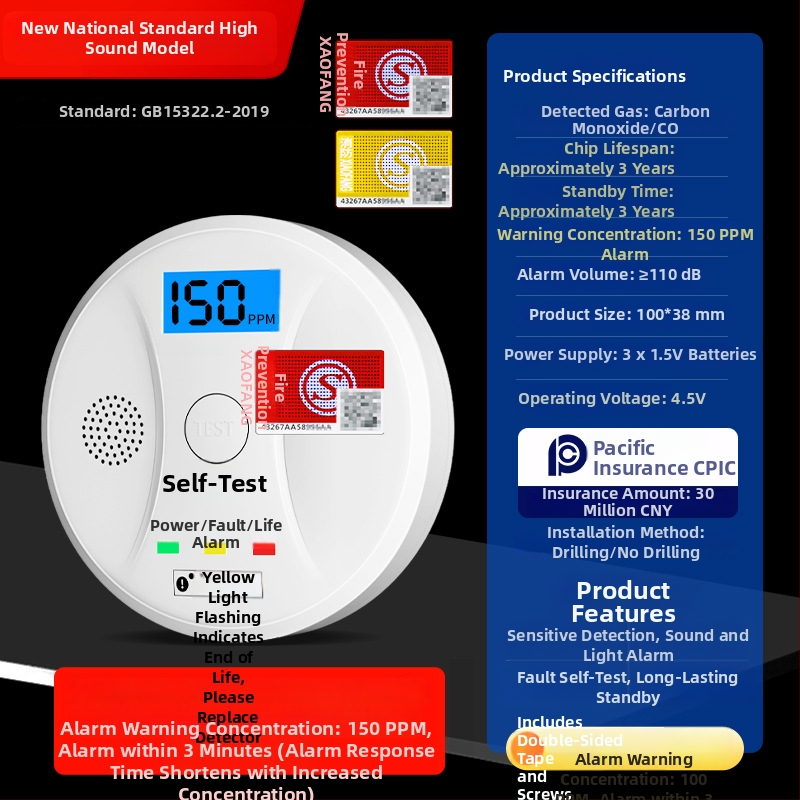 Alarmă fixă de monoxid de carbon pentru casă JM-YK-618 de Yun Zhibang - (interval de alarmă 150 ppm, precizie 0.01 ppm, detecție CO)