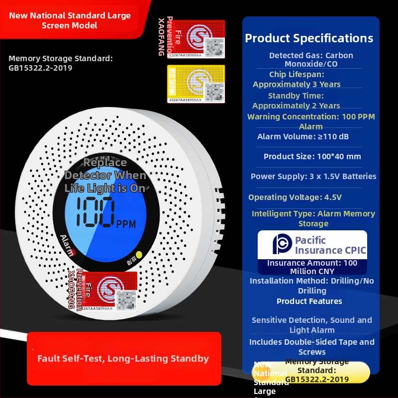 Alarmă fixă de monoxid de carbon pentru casă JM-YK-618 de Yun Zhibang - (interval de alarmă 150 ppm, precizie 0.01 ppm, detecție CO)
