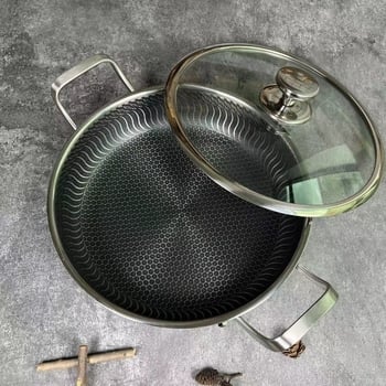 Tiga­na s dvije ručke od 316 nerđajućeg čelika, neprijanjajući premaz, trostruko dno, indukcijska kompatibilnost, stakleni poklopac, model B016