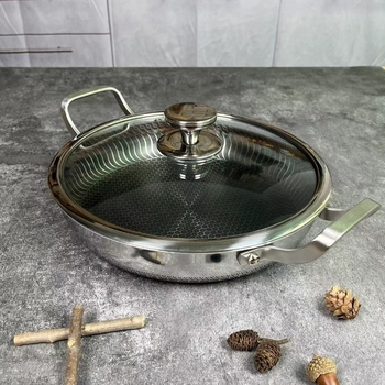 Tiga­na s dvije ručke od 316 nerđajućeg čelika, neprijanjajući premaz, trostruko dno, indukcijska kompatibilnost, stakleni poklopac, model B016