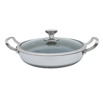 Tiga­na s dvije ručke od 316 nerđajućeg čelika, neprijanjajući premaz, trostruko dno, indukcijska kompatibilnost, stakleni poklopac, model B016