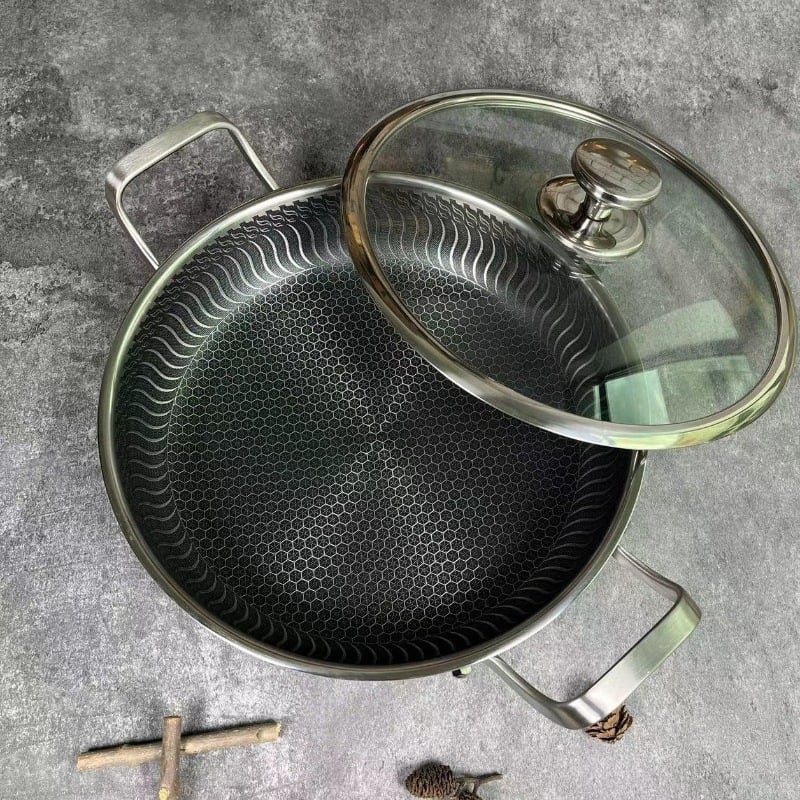 Tiga­na s dvije ručke od 316 nerđajućeg čelika, neprijanjajući premaz, trostruko dno, indukcijska kompatibilnost, stakleni poklopac, model B016