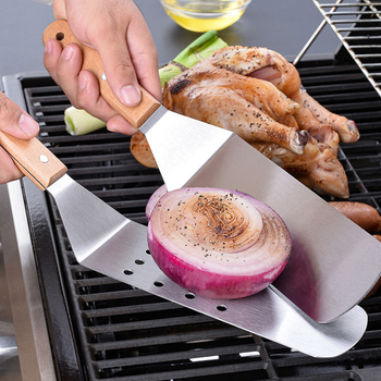 Gu yi špachtla za prženje od nehrđajućeg čelika s drvenom držačem – Teppanyaki stil, kuhinjska špachtla, mogućnost tiskanja logotipa