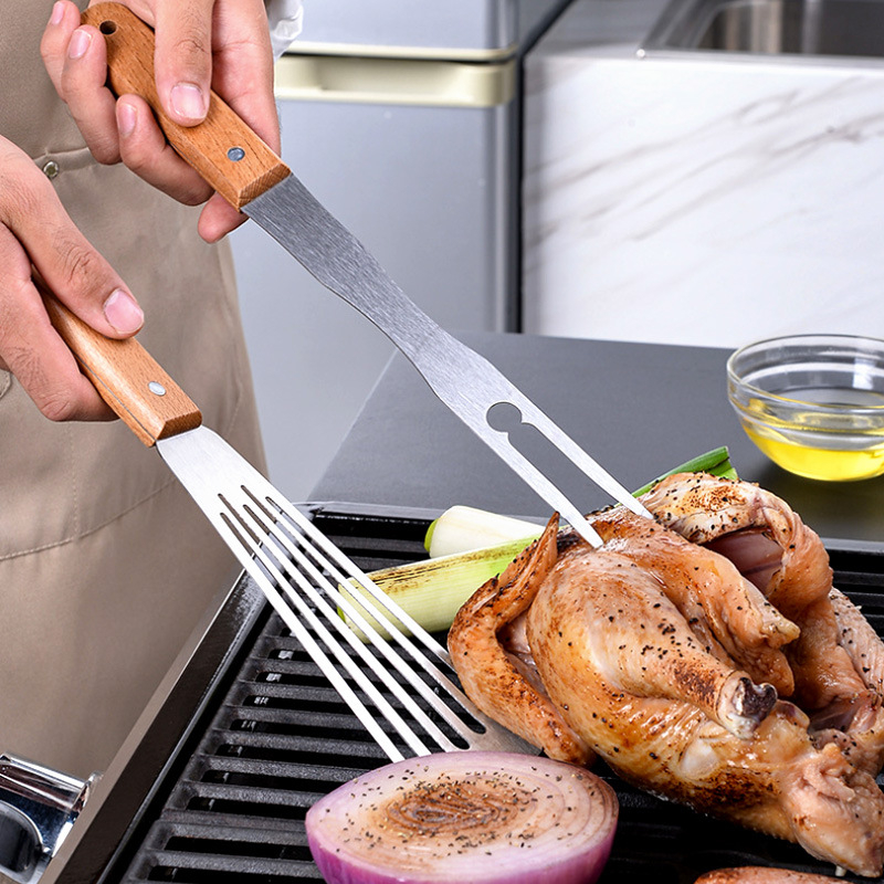 Gu yi špachtla za prženje od nehrđajućeg čelika s drvenom držačem – Teppanyaki stil, kuhinjska špachtla, mogućnost tiskanja logotipa