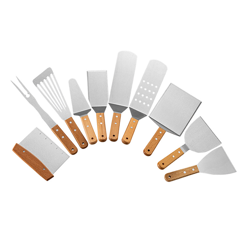 Gu yi špachtla za prženje od nehrđajućeg čelika s drvenom držačem – Teppanyaki stil, kuhinjska špachtla, mogućnost tiskanja logotipa