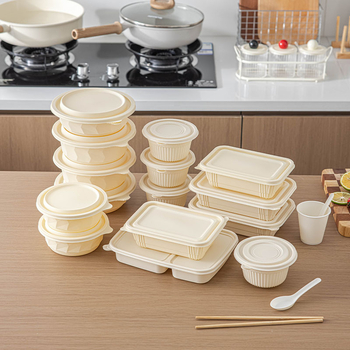 Cutie de tacâmuri de unică folosință din amidon de porumb, alimentară, portabilă și sigilată, formă rotundă; Material: amidon de porumb; Biodegradabil: Da; Cantitate: 1; Capacitate: 1