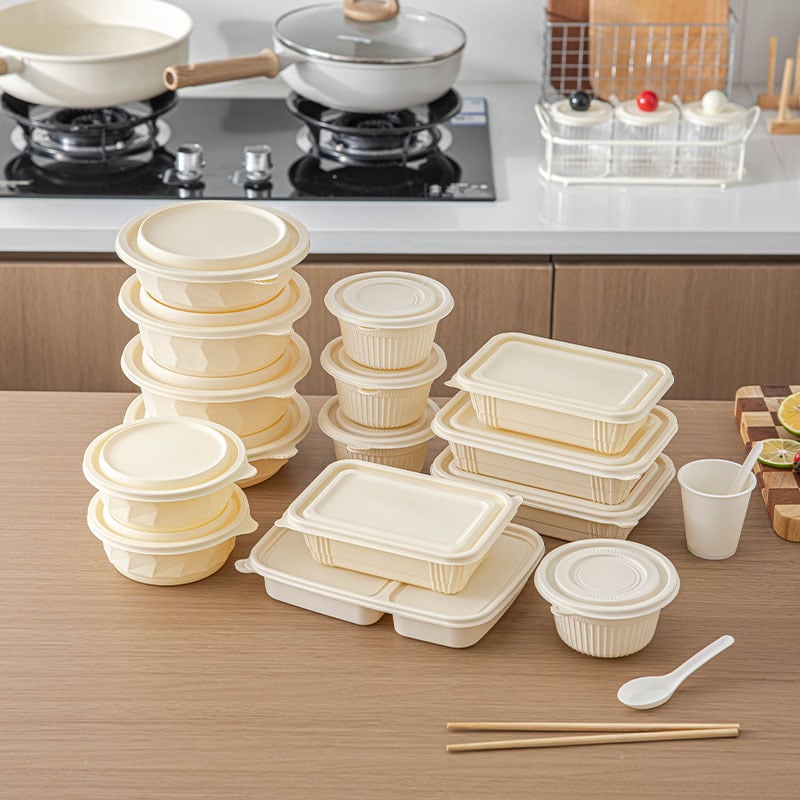 Cutie de tacâmuri de unică folosință din amidon de porumb, alimentară, portabilă și sigilată, formă rotundă; Material: amidon de porumb; Biodegradabil: Da; Cantitate: 1; Capacitate: 1