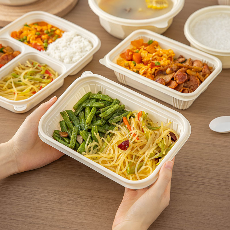 Cutie de tacâmuri de unică folosință din amidon de porumb, alimentară, portabilă și sigilată, formă rotundă; Material: amidon de porumb; Biodegradabil: Da; Cantitate: 1; Capacitate: 1