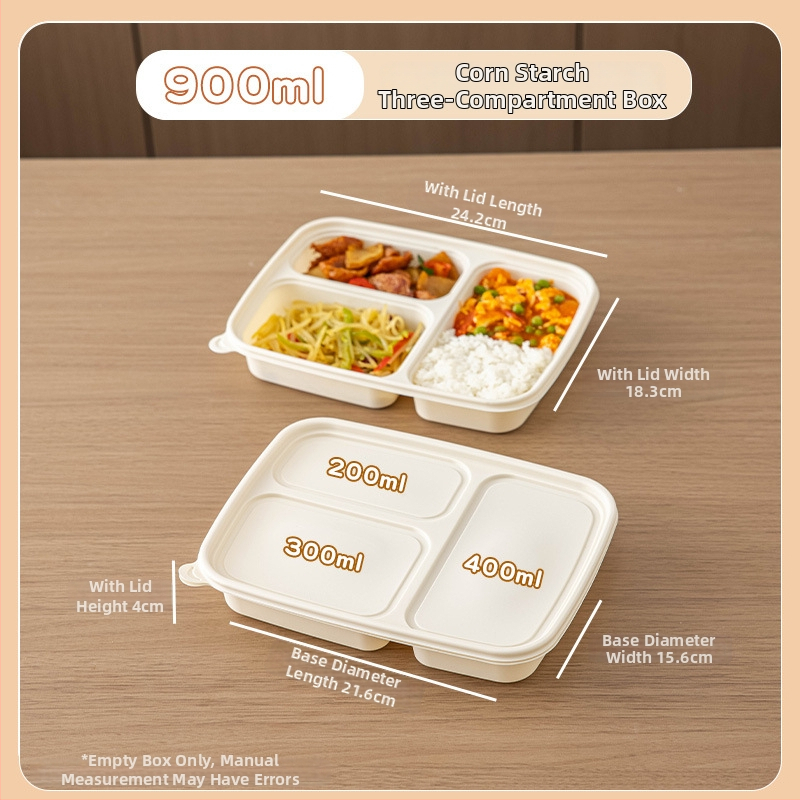 Jednorazový box na jedlo z kukuričného škrobu, potravinárskej kvality, prenosný a uzavretý, okrúhleho tvaru; Materiál: kukuričný škrob; Biodegradovateľný: Áno; Množstvo: 1; Kapacita: 1