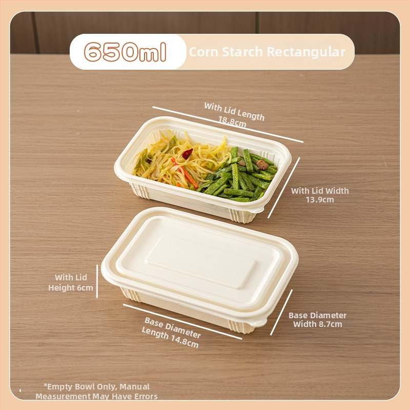 Jednorazový box na jedlo z kukuričného škrobu, potravinárskej kvality, prenosný a uzavretý, okrúhleho tvaru; Materiál: kukuričný škrob; Biodegradovateľný: Áno; Množstvo: 1; Kapacita: 1