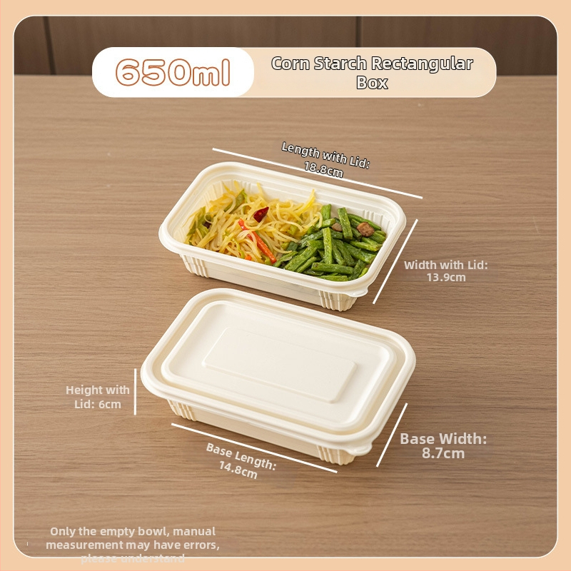 Jednorazový box na jedlo z kukuričného škrobu, potravinárskej kvality, prenosný a uzavretý, okrúhleho tvaru; Materiál: kukuričný škrob; Biodegradovateľný: Áno; Množstvo: 1; Kapacita: 1