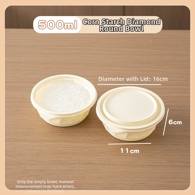 Jednorazový box na jedlo z kukuričného škrobu, potravinárskej kvality, prenosný a uzavretý, okrúhleho tvaru; Materiál: kukuričný škrob; Biodegradovateľný: Áno; Množstvo: 1; Kapacita: 1