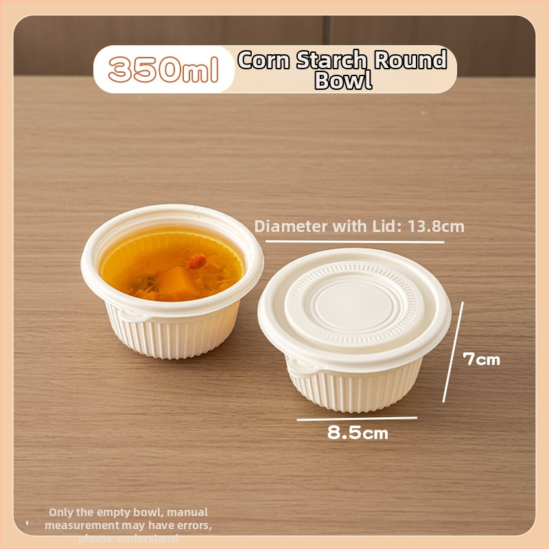Jednorazový box na jedlo z kukuričného škrobu, potravinárskej kvality, prenosný a uzavretý, okrúhleho tvaru; Materiál: kukuričný škrob; Biodegradovateľný: Áno; Množstvo: 1; Kapacita: 1