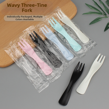 Egyszer használatos műanyag tortavilla hullámos háromfogú fejjel, gyümölcsökhöz, desszerthez és fagylalt-hoz, egyenként csomagolva, 100 darabos csomag