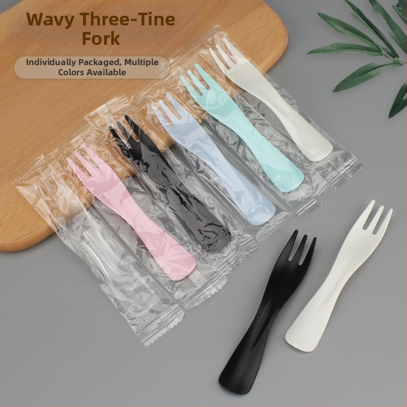 Egyszer használatos műanyag tortavilla hullámos háromfogú fejjel, gyümölcsökhöz, desszerthez és fagylalt-hoz, egyenként csomagolva, 100 darabos csomag