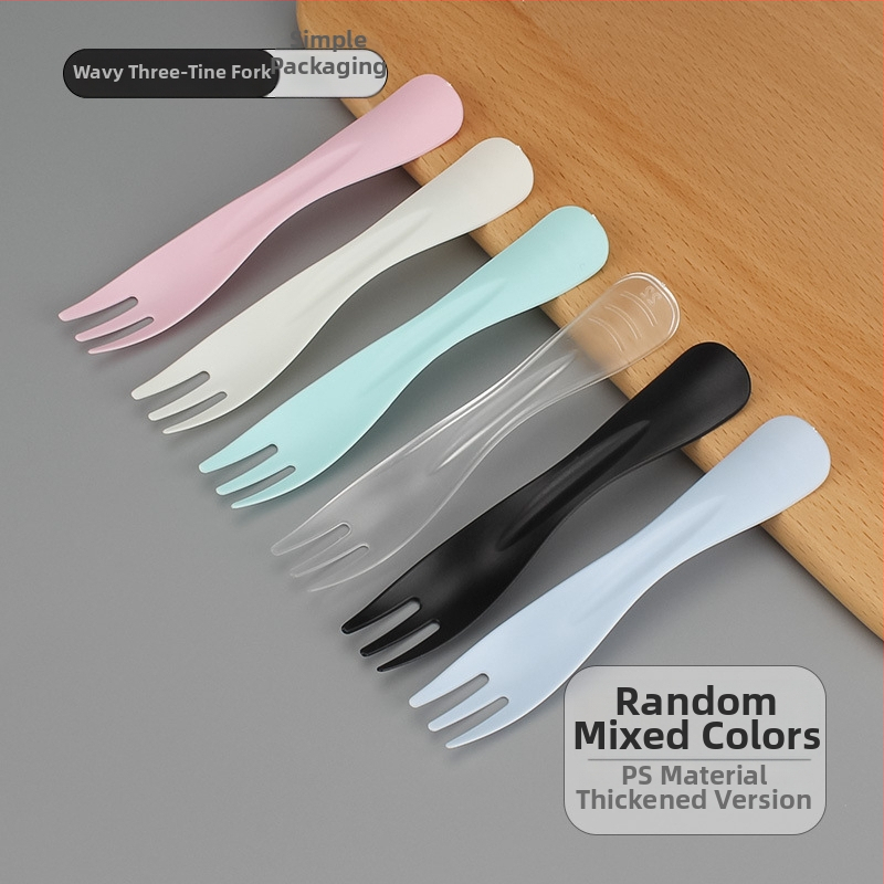 Egyszer használatos műanyag tortavilla hullámos háromfogú fejjel, gyümölcsökhöz, desszerthez és fagylalt-hoz, egyenként csomagolva, 100 darabos csomag