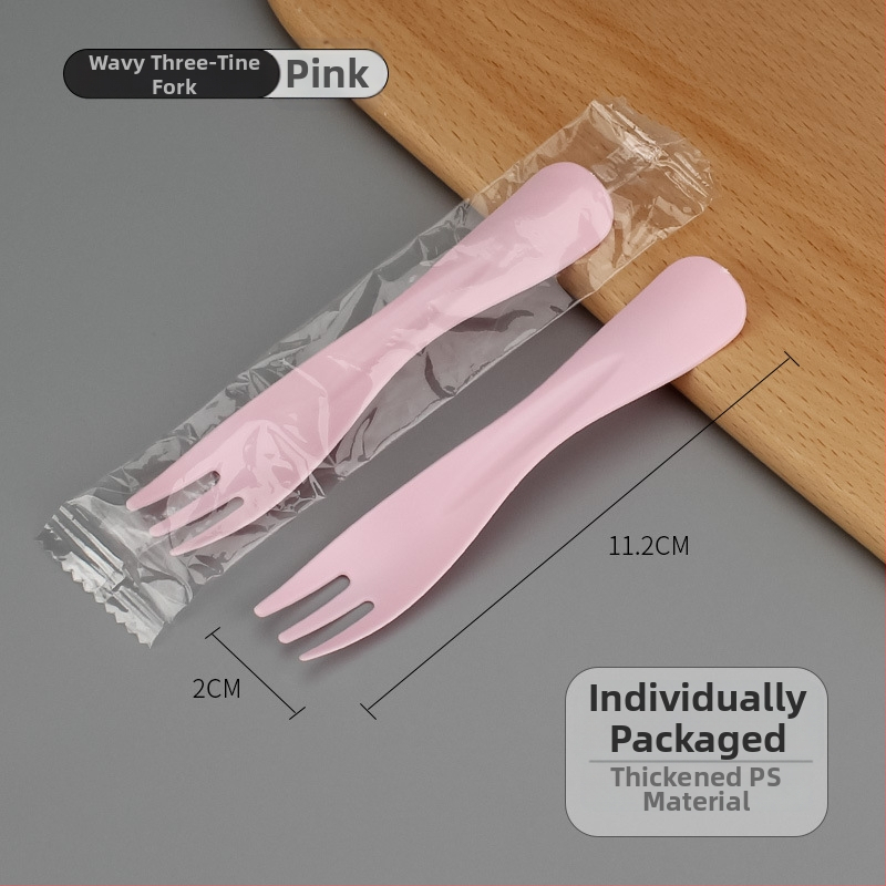 Egyszer használatos műanyag tortavilla hullámos háromfogú fejjel, gyümölcsökhöz, desszerthez és fagylalt-hoz, egyenként csomagolva, 100 darabos csomag