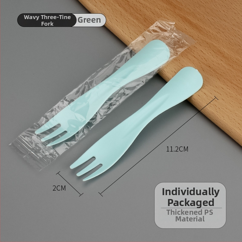 Egyszer használatos műanyag tortavilla hullámos háromfogú fejjel, gyümölcsökhöz, desszerthez és fagylalt-hoz, egyenként csomagolva, 100 darabos csomag