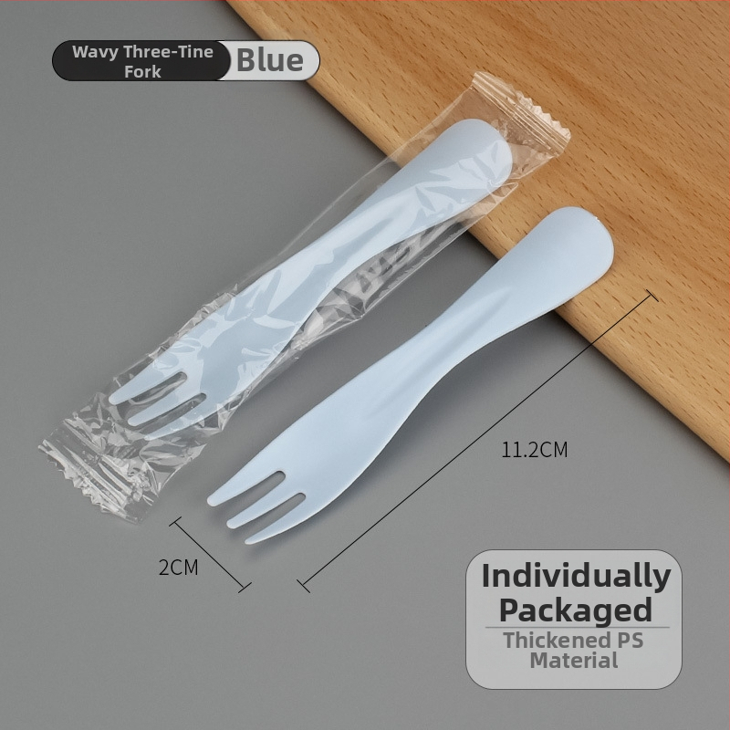 Egyszer használatos műanyag tortavilla hullámos háromfogú fejjel, gyümölcsökhöz, desszerthez és fagylalt-hoz, egyenként csomagolva, 100 darabos csomag