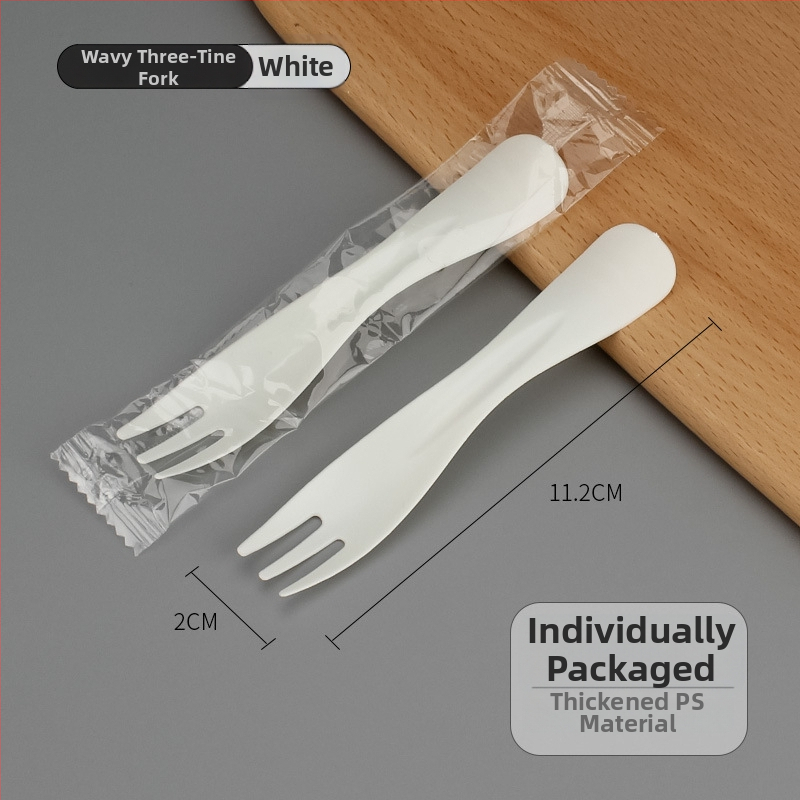 Egyszer használatos műanyag tortavilla hullámos háromfogú fejjel, gyümölcsökhöz, desszerthez és fagylalt-hoz, egyenként csomagolva, 100 darabos csomag