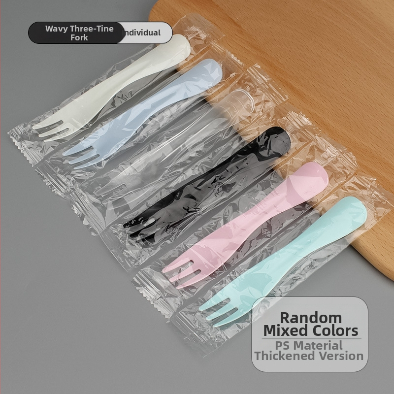 Egyszer használatos műanyag tortavilla hullámos háromfogú fejjel, gyümölcsökhöz, desszerthez és fagylalt-hoz, egyenként csomagolva, 100 darabos csomag