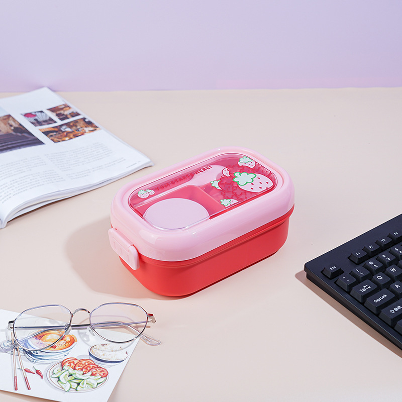 Gyerekeknek készült ebédes doboz rajzolt gyümölcs motívummal, műanyag, ovális alak, 501-800 ml, mikrohullámú sütőben használható, melegen tartja