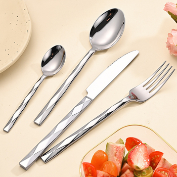 5 részes kés-villa-kanál készlet gyémánt alakú dizájnnal, 410 rozsdamentes acélból, tükrös felület, nyugati stílusú étkészlet