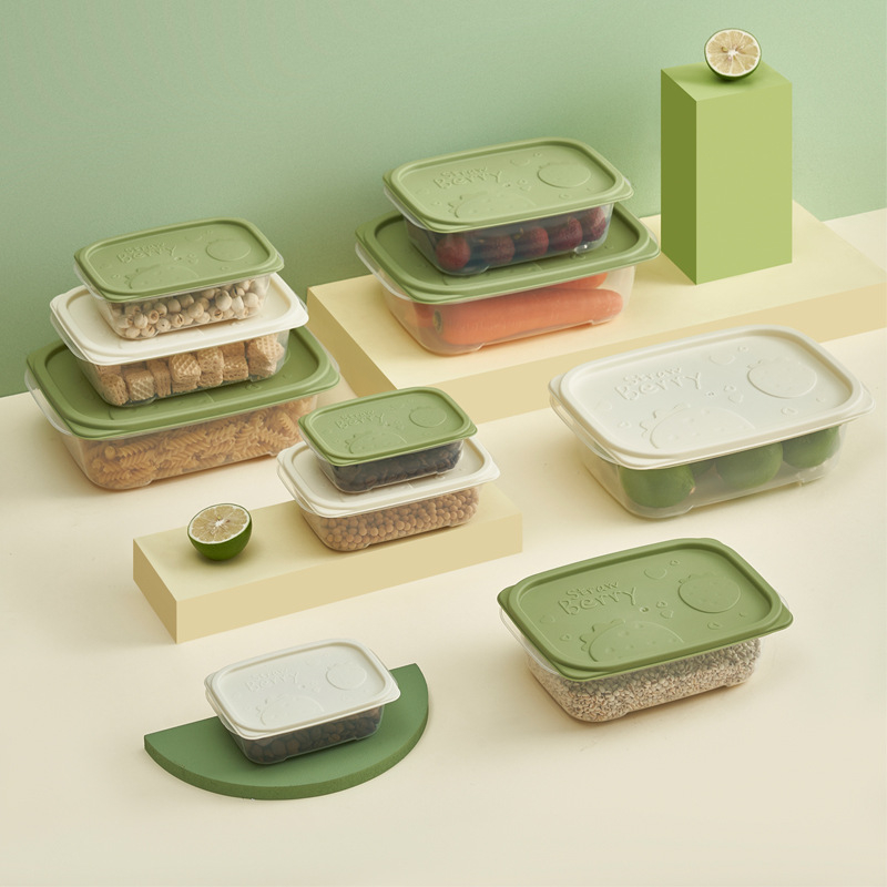 Élelmiszer-tároló doboz, négyszögletes, átlátszó PP anyagból, mikróhullámú sütőben használható, eper mintás, kapacitás: 0,3 L, 0,5–0,8 L, 1–2 L