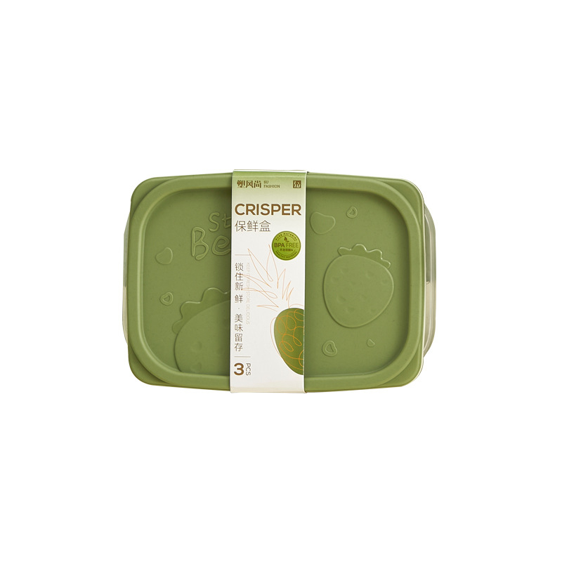 Élelmiszer-tároló doboz, négyszögletes, átlátszó PP anyagból, mikróhullámú sütőben használható, eper mintás, kapacitás: 0,3 L, 0,5–0,8 L, 1–2 L