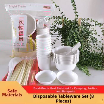 Σετ από μπαμπού οικιακής χρήσης - τροφίμου ποιότητα, ανθεκτικό σε υψηλές θερμοκρασίες, στρογγυλά μπολ, κύπελλα, πιάτα και μαχαιροπίρουνα για φαγητό και κατασκήνωση