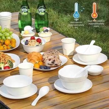 Σετ από μπαμπού οικιακής χρήσης - τροφίμου ποιότητα, ανθεκτικό σε υψηλές θερμοκρασίες, στρογγυλά μπολ, κύπελλα, πιάτα και μαχαιροπίρουνα για φαγητό και κατασκήνωση