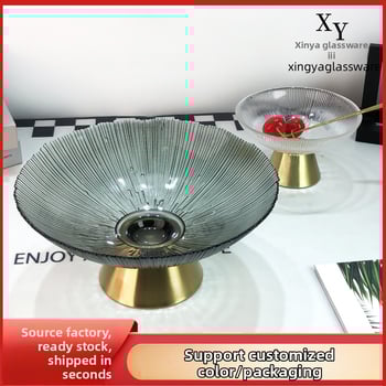 Staklena posuda za voće, okrugla, svijetao luksuzni retro stil, prugasti uzorak, elektroplating površina