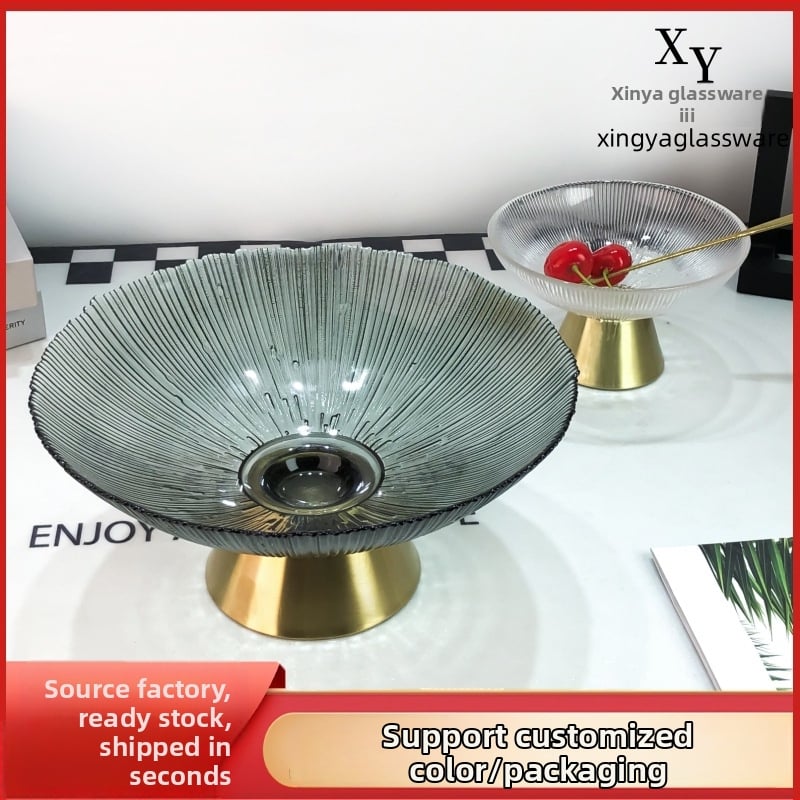 Staklena posuda za voće, okrugla, svijetao luksuzni retro stil, prugasti uzorak, elektroplating površina