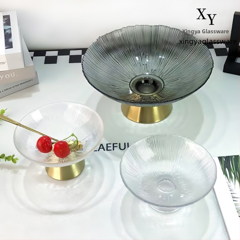 Staklena posuda za voće, okrugla, svijetao luksuzni retro stil, prugasti uzorak, elektroplating površina