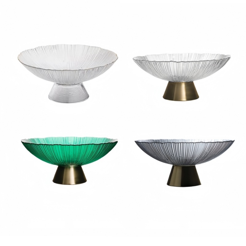 Staklena posuda za voće, okrugla, svijetao luksuzni retro stil, prugasti uzorak, elektroplating površina
