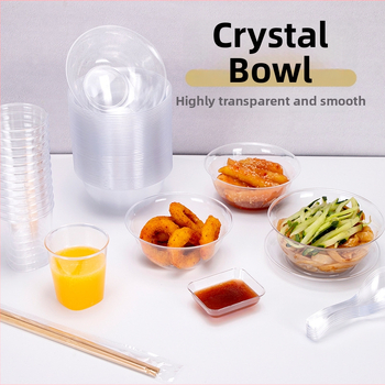 Jednorázová plastová misa na dezert a polievku, guľatý tvar, objem 300–400 ml, priehľadná, moderný minimalistický štýl