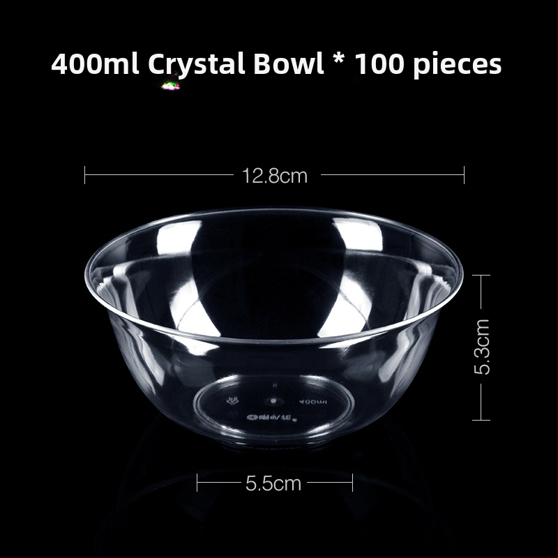 Jednorázová plastová misa na dezert a polievku, guľatý tvar, objem 300–400 ml, priehľadná, moderný minimalistický štýl