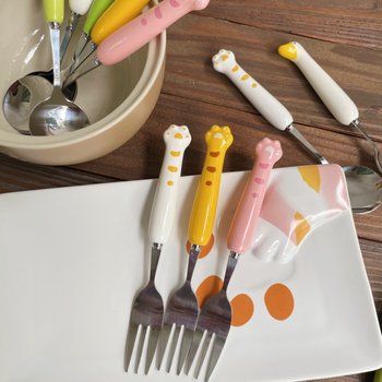 Set tacâmuri din oțel inoxidabil, design labă de pisică drăguț, calitate premium, finisaj cu șlefuire cu apă, include cuțit, furculiță, lingură și bețișoare