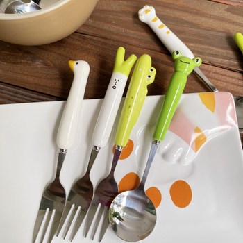 Set tacâmuri din oțel inoxidabil, design labă de pisică drăguț, calitate premium, finisaj cu șlefuire cu apă, include cuțit, furculiță, lingură și bețișoare