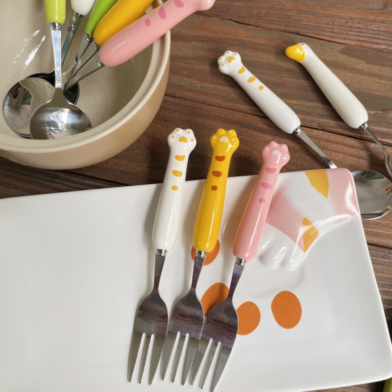 Set tacâmuri din oțel inoxidabil, design labă de pisică drăguț, calitate premium, finisaj cu șlefuire cu apă, include cuțit, furculiță, lingură și bețișoare