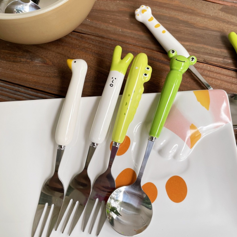 Set tacâmuri din oțel inoxidabil, design labă de pisică drăguț, calitate premium, finisaj cu șlefuire cu apă, include cuțit, furculiță, lingură și bețișoare