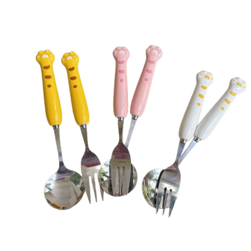 Set tacâmuri din oțel inoxidabil, design labă de pisică drăguț, calitate premium, finisaj cu șlefuire cu apă, include cuțit, furculiță, lingură și bețișoare